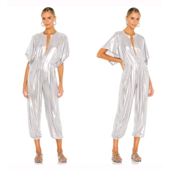 Norma Kamali Rectangle Jog Jumpsuit Cape Sleeve Silver Metallic 80s Retro - S 36 - Picture 1 of 8